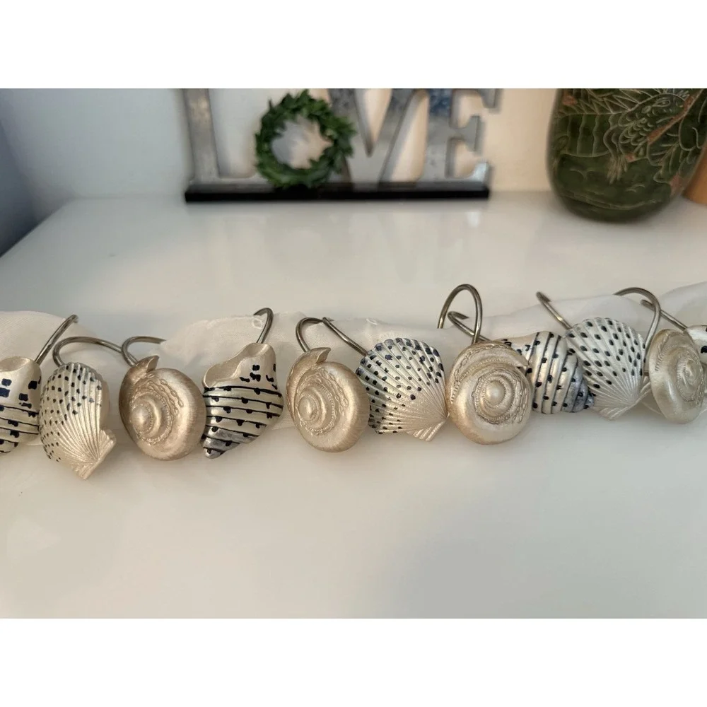 Vtg Seashell Shower Curtain Hooks Beach Nautical Bathroom Décor Resin 12 pc NWOT